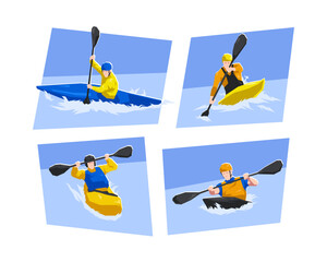 Male canoe slalom athlete character set. Canoeing, water sport, race. Flat vector cartoon illustration.