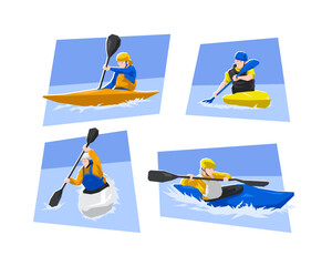 Female canoe slalom athlete character set. Canoeing, water sport, race. Flat vector cartoon illustration.
