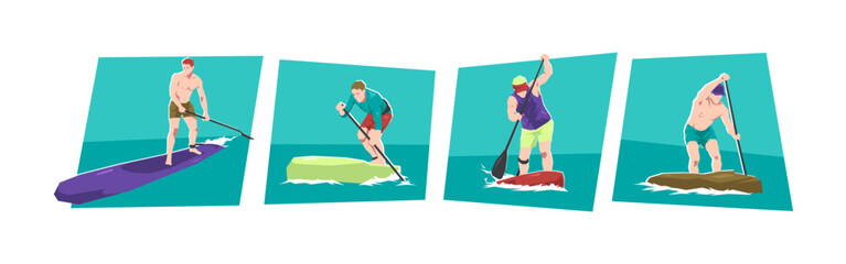 Stand up paddle boarding male athlete character set. SUP, water sport, race. Flat vector cartoon illustration.