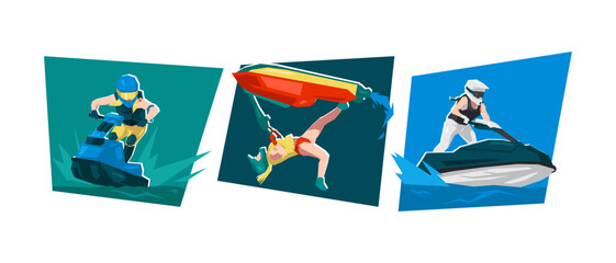 Illustration of female riding Jet ski character. Water sport, race, freestyle, vehicle. Flat vector cartoon style.