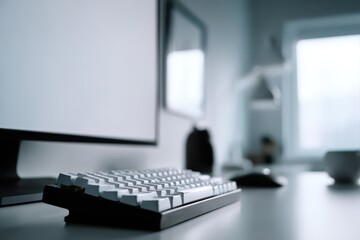 Modern workspace featuring a sleek keyboard and monitor with natural light filtering in