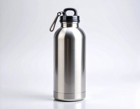 Perfectly centered metal water bottle, pure white background, illuminated from all sides to reveal every surface detail, full HD, e-commerce ready."