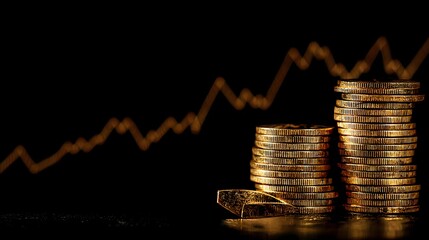 Stacks of gold coins against a financial chart.