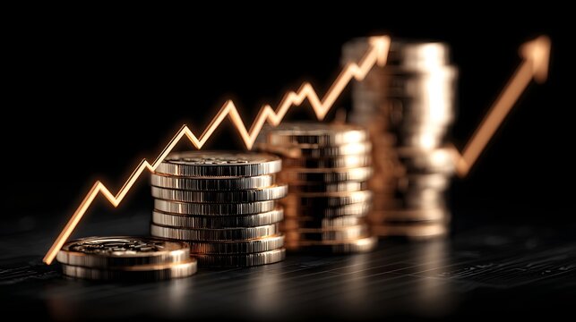 Stacks of coins with an upward trend graphic. - Powered by Adobe