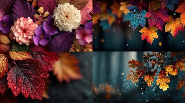 Four autumnal floral & leaf arrangements in a collage, rich, jewel-toned colors