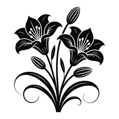 Elegant black and white floral illustration of lily flowers and buds