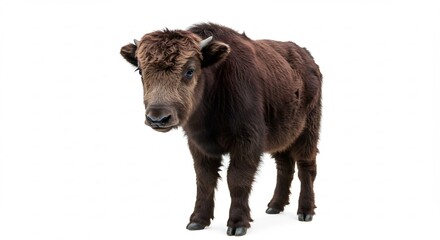 Fototapeta premium Dark brown yak stands calmly against bright white background. AI Generated