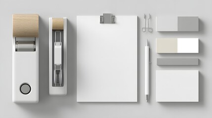 Modern office supplies arranged on a light gray background.