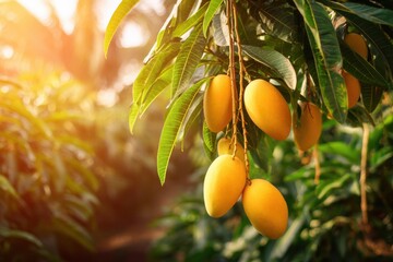 Ripe mangoes hanging from lush green trees in a vibrant orchard during golden hour