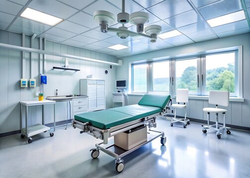 Modern operating room with surgical bed and medical equipment ready for procedure - Powered by Adobe