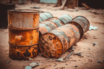 Rusty barrels scattered on a desolate ground, showcasing decay in an abandoned industrial site