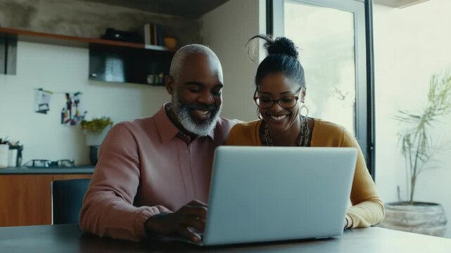 Two adults, one older and one younger, sit together at a table and smile while using a laptop computer. They are sharing the experience of learning to use technology.