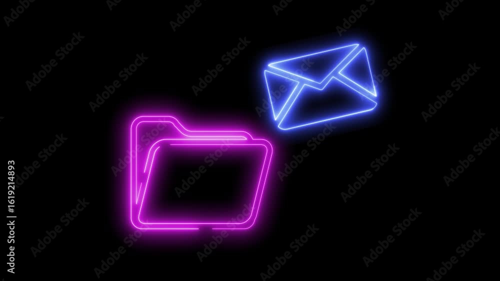 Aufkleber neon light effect animation of a folder icon and an email envelope, black background