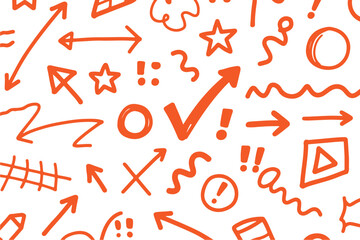 Collection of hand drawn orange arrows and symbols isolated on transparent background