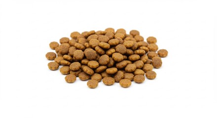 Crispy brown pet food kibble sits neatly piled against a bright white background. AI Generated