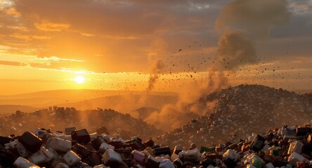 Landfill Site at Sunset with Birds