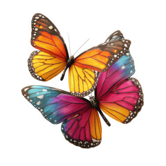 Obraz premium Two vibrant butterflies in flight, showcasing a mix of orange, yellow, pink, and blue hues against a black background