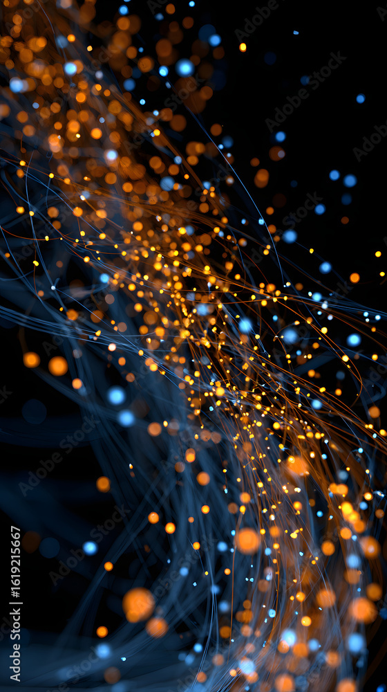 Poster glowing orange and blue abstract light particles flowing dynamically