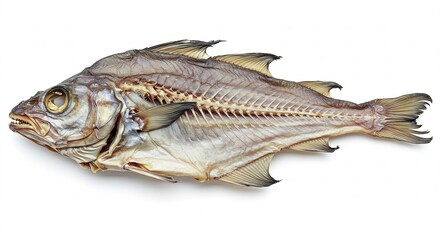 Dried fish lays flat showing delicate bone structure brightly lit studio shot. AI Generated