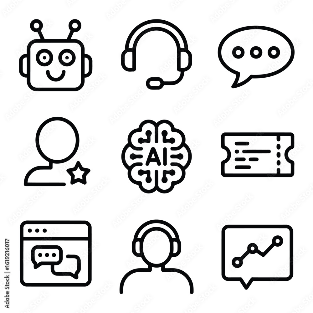 Poster robot head chat bubble brain user ticket support agent graph icon vector