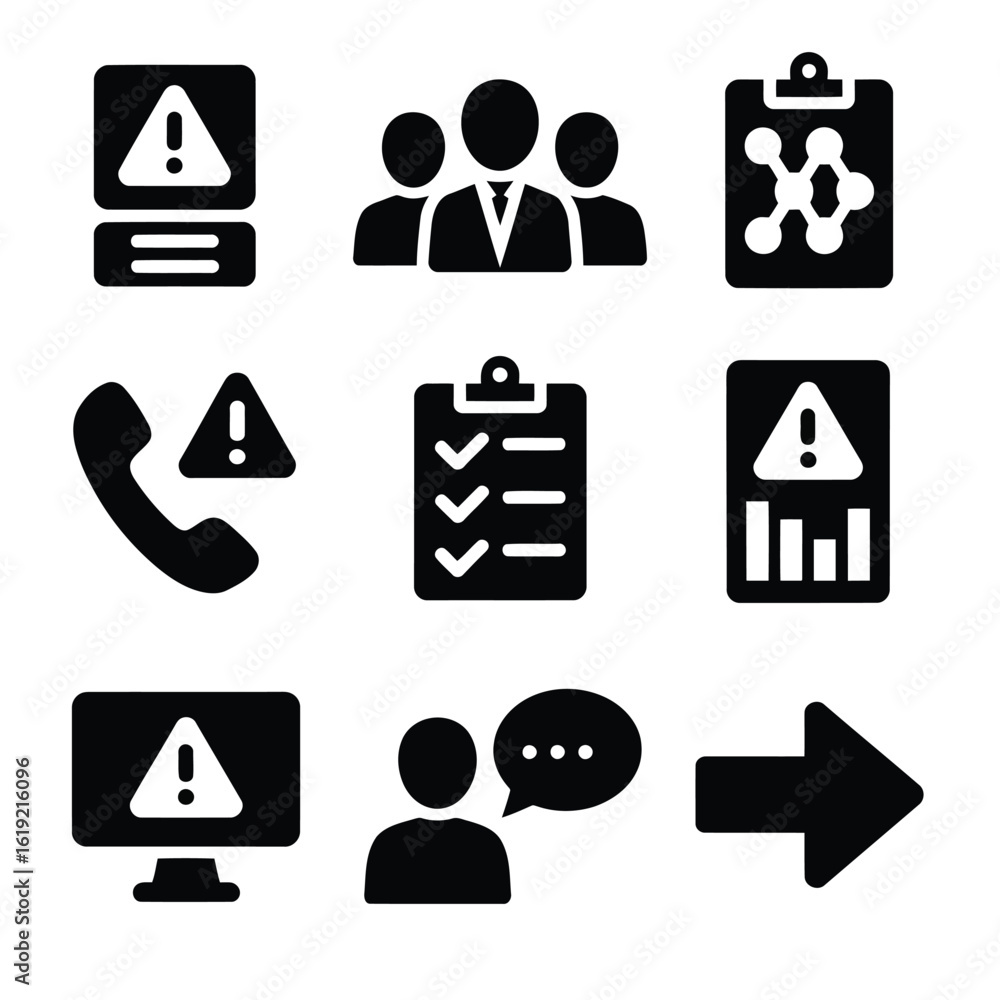 Poster warning alert symbols with business team and communication icons vector set