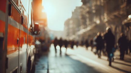 Fototapeta premium Blurred city street scene with an ambulance in the foreground.