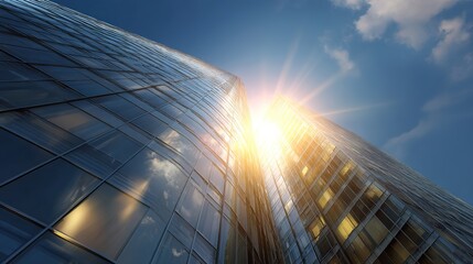 Sunlit Skyscraper: A gleaming glass skyscraper, mirroring the radiant sun against a blue sky, symbolizes progress and modern architecture.