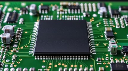 Close-Up View of Microchip on Green Circuit Board with Connectors