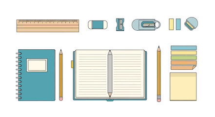 Flat lay illustration of various stationery items including notebooks, pencils, and rulers.