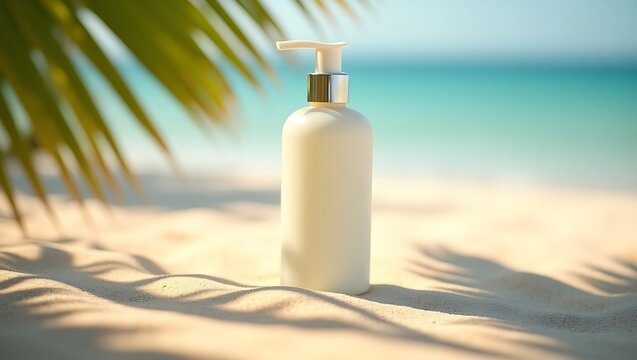 White lotion bottle on sand beach with palm tree leaves and ocean in the background summer vacation - Powered by Adobe
