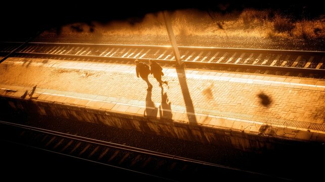 Golden hour shadows on a train platform.