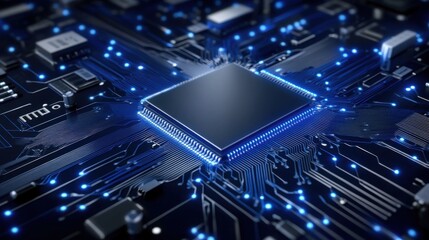 High-Tech Microchip on Circuit Board with LED Lights and Blue Glow