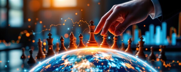 wide angle corporate strategy image featuring digital hands moving chess pieces over a floating