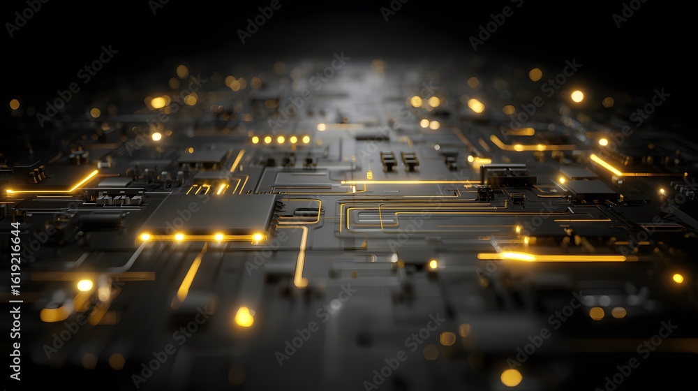 Poster detailed circuit board with glowing lines and components.