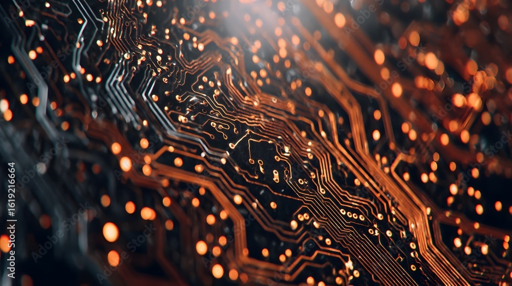 Poster close-up view of intricate circuit board pathways.