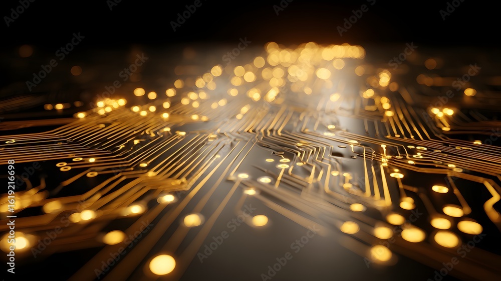 Poster detailed close-up view of intricate circuit board pathways.