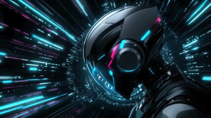 Futuristic Robot Head with Neon Lights and Digital Background