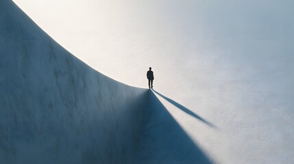 Lone man silhouette on curved pathway under bright sky long shadow cast