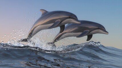 Naklejka premium Spectacular leap: Dolphins dance across the ocean wave crest during playful interaction