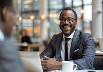 A man in a suit smiling during a communication scene, suitable for company recruitment advertisements and business cooperation concepts.