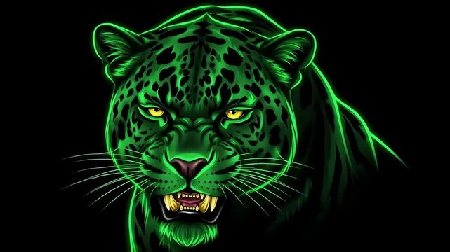 Roaring Green Jaguar Illustration on Black Background