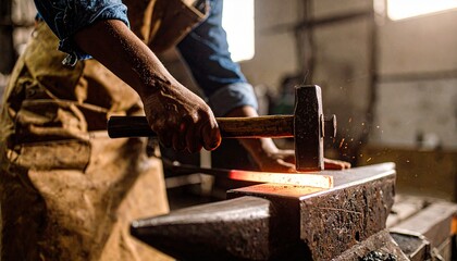 A blacksmith strikes hot metal on an anvil with a hammer, creating sparks in a workshop.