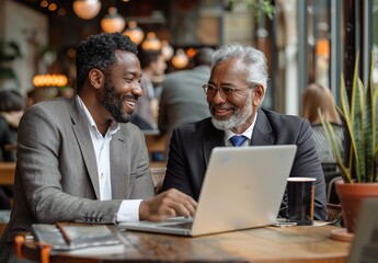 A scene of two business professionals communicating in a café setting, suitable for promotional posters of flexible office spaces, workplace training materials, etc.