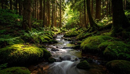 Obraz premium Sunlit Creek Cascades Through a Lush, Moss-Covered Primeval Forest