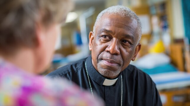 Closeup of chaplain attentively listening to a patients concerns in a ward providing emotional and spiritual guidance in a compassionate setting.