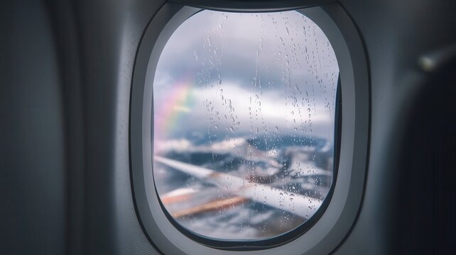 Cloudscape vista with rainbow hues seen through airplane window during a flight