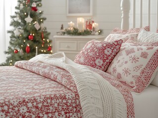 Festive bedroom interior with cozy Christmas decor and warm winter bedding