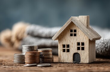 A scene featuring a wooden house model and a stack of coins, suitable for real estate agency promotional posters, mortgage product brochures, wealth management training materials, etc.