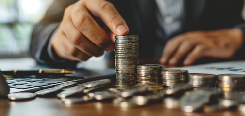 A close-up scene of hands stacking coins into a tower, suitable for wealth management posters of financial institutions, corporate training courseware, etc.
