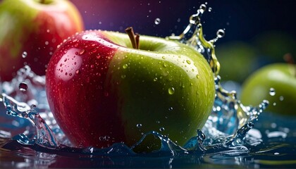 Two apples, one red and green, surrounded by splashing water droplets on a dark blue surface, with another apple blurred in the background.